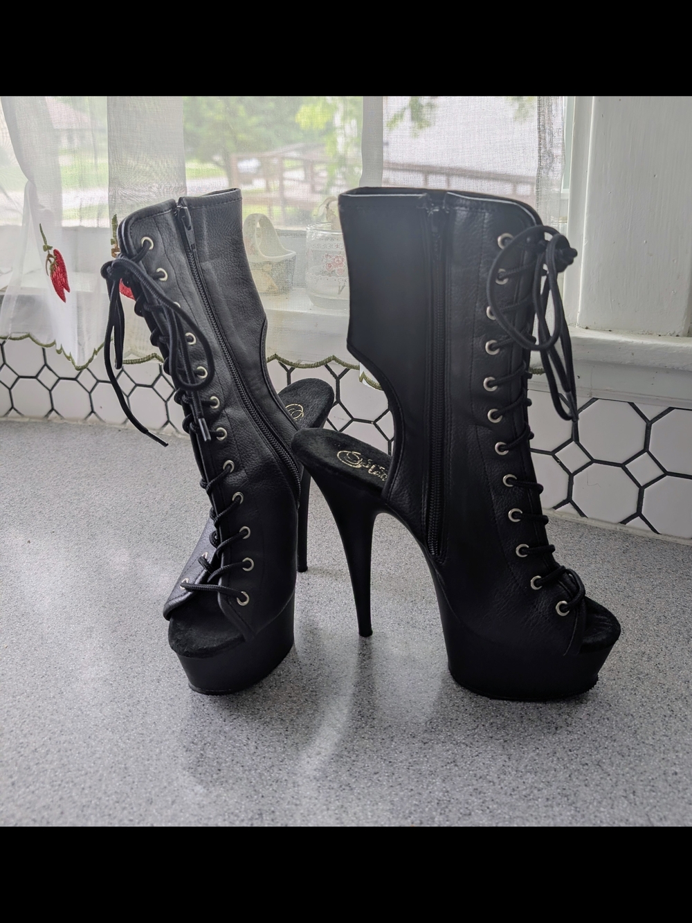 Pleaser Black Lace-Up Stiletto Booties 6 Inch